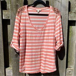 Peach and white striped top with bronze bead detailing on shoulders